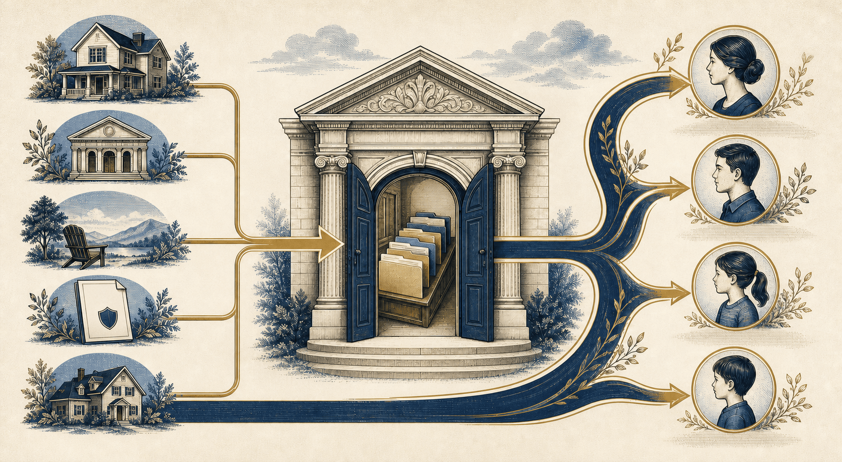 Assets following either a courthouse route or a direct path to named beneficiaries.