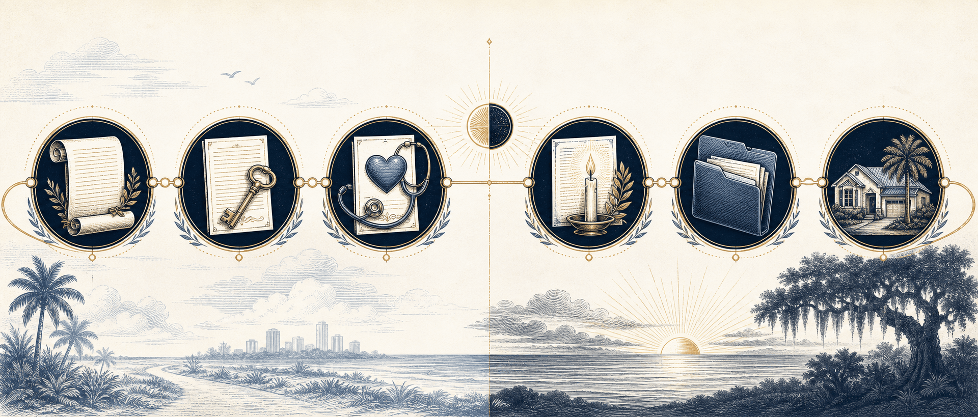 Six estate-planning document symbols arranged along a lifetime-to-death timeline.